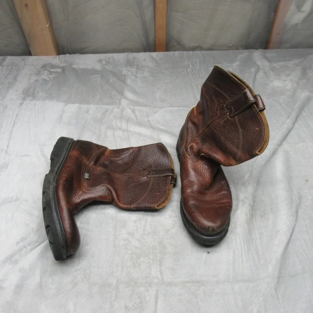 Justin Mens Boots 9.5 M Brown Leather Pull On‎ Cowboy Riding Roper Rugged Work